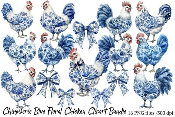 Download Chinoiserie Blue Floral Chicken Clipart - Chick Collection