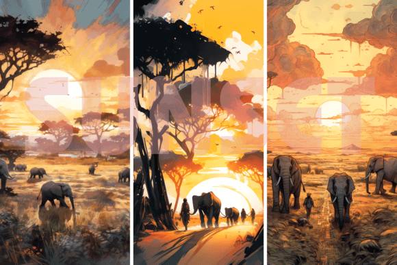Download Savannah Sunset Oil-painted Elephant Art - Painted Collection