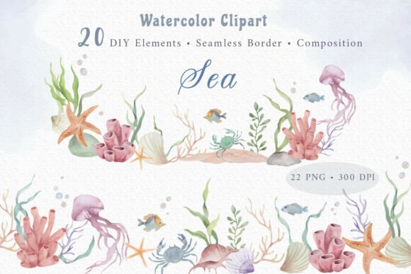 Download Painted Watercolor Sea Life Clipart Set - Painted Collection