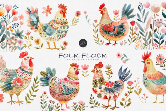 Download Watercolor Folk Chicken Clipart Set - Chick Collection