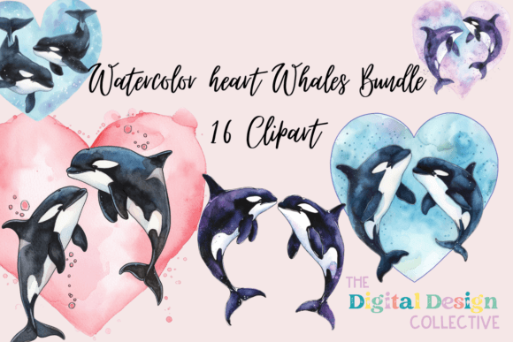 Download Watercolor Heart Whales PNG Bundle - Whales Collection